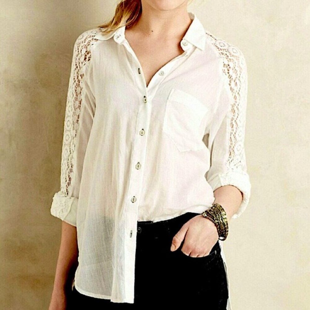 Anthropologie Sheer Button Up with Lace Detail